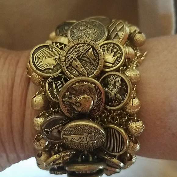 OOAK STATEMENT Brass buttons stretchy BRACELET - Picture 2 of 4